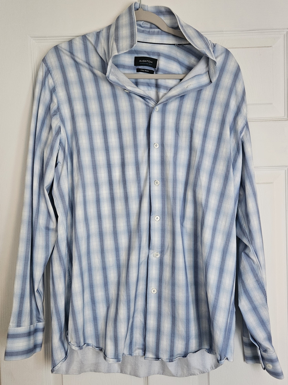 Bugatchi OoohCotton Tech 8 Way Stretch Light Blue Plaid Button-Up Shirt Mens XL